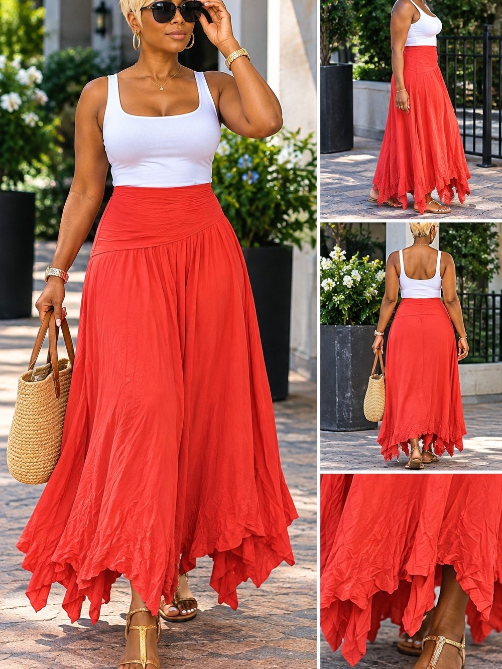 AGB Red Handkerchief-Hem High-Waist Maxi Skirt
